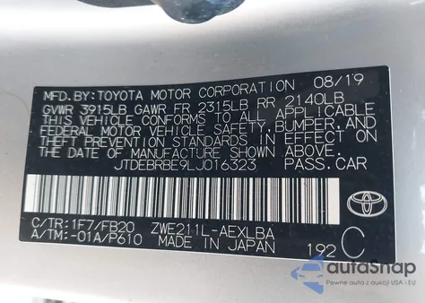 2020 Toyota Corolla Hybrid Le z USA, uszkodzony, nr VIN JTDEBRBE9LJ016323